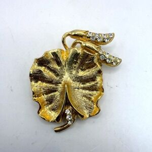 Vintage Gold Tone Leaf Brooch Rhinestone Accents Textured Botanical Pin
